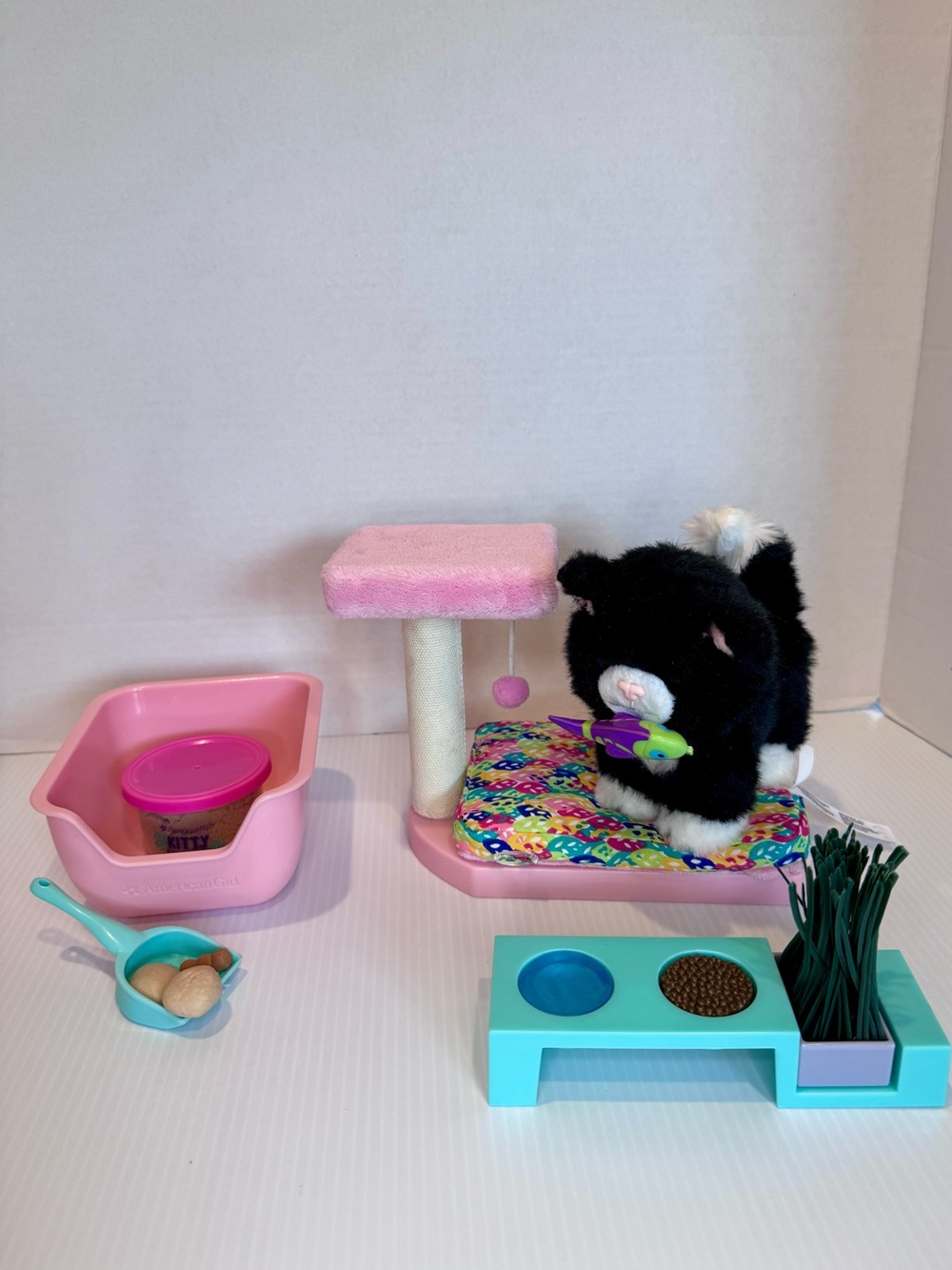 Complete American Girl cat care set and Licorice the cat